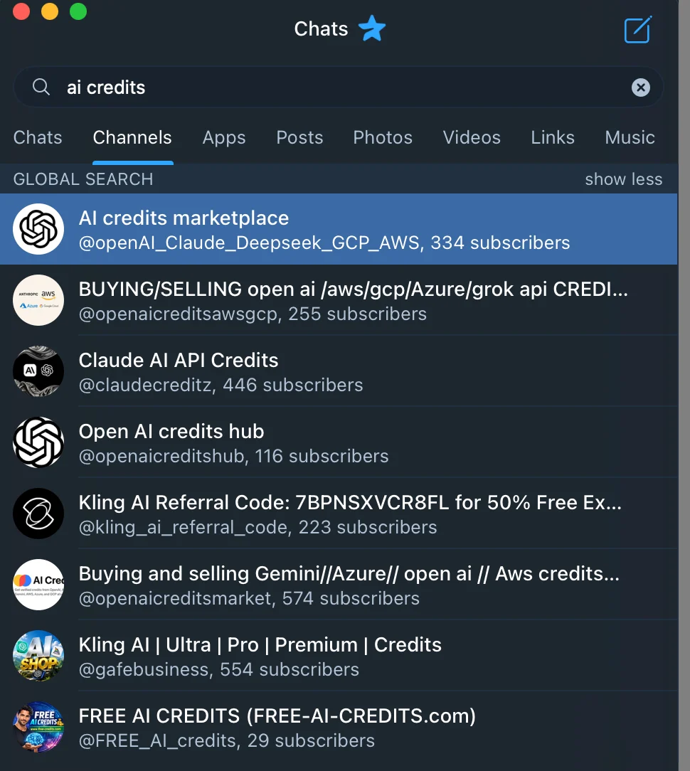 Скидка в 97%: как устроен китайский мошеннический рынок ИИ-токенов - 14 Screenshot of a Telegram search for 'ai credits' returning channels dedicated to buying and selling OpenAI, Claude, Gemini, Azure, and AWS credits, with a few hundred subscribers each