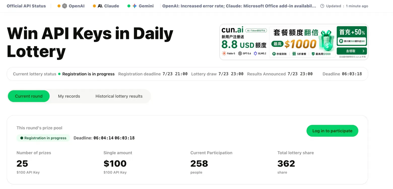 Скидка в 97%: как устроен китайский мошеннический рынок ИИ-токенов - 5 Screenshot of the hvoy.ai daily lottery page, showing a prize pool of 50 $100 API keys with 258 participants and 401 tickets entered