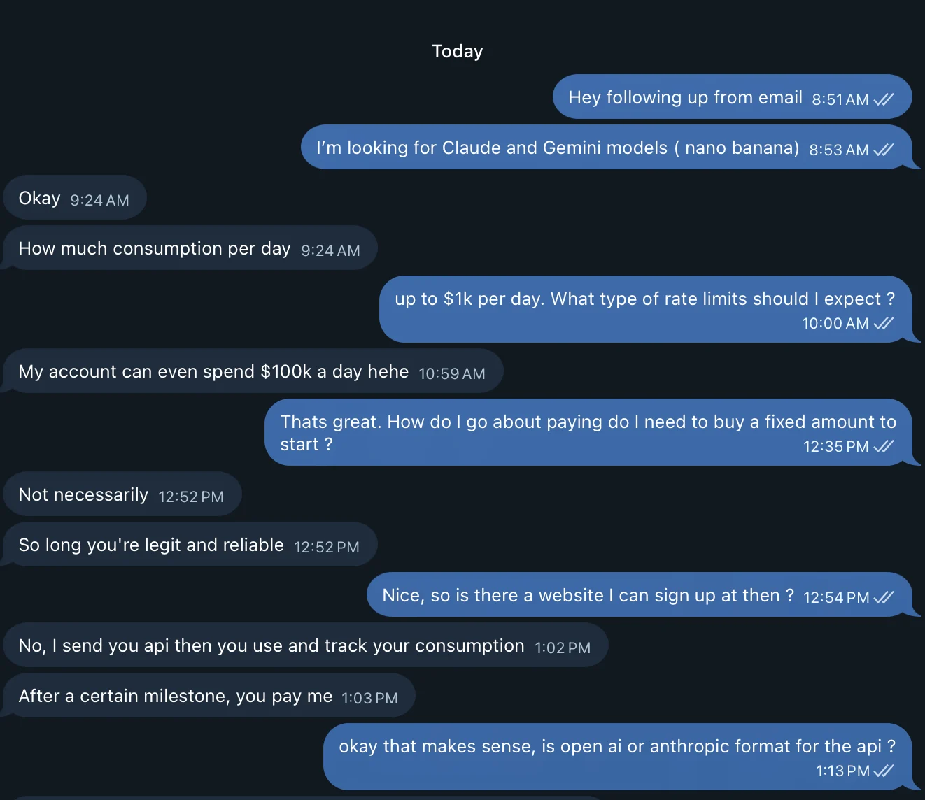 Скидка в 97%: как устроен китайский мошеннический рынок ИИ-токенов - 8 Screenshot of a chat with a token broker who says their account can spend $100k a day, sends an API endpoint rather than keys, and bills after a usage milestone