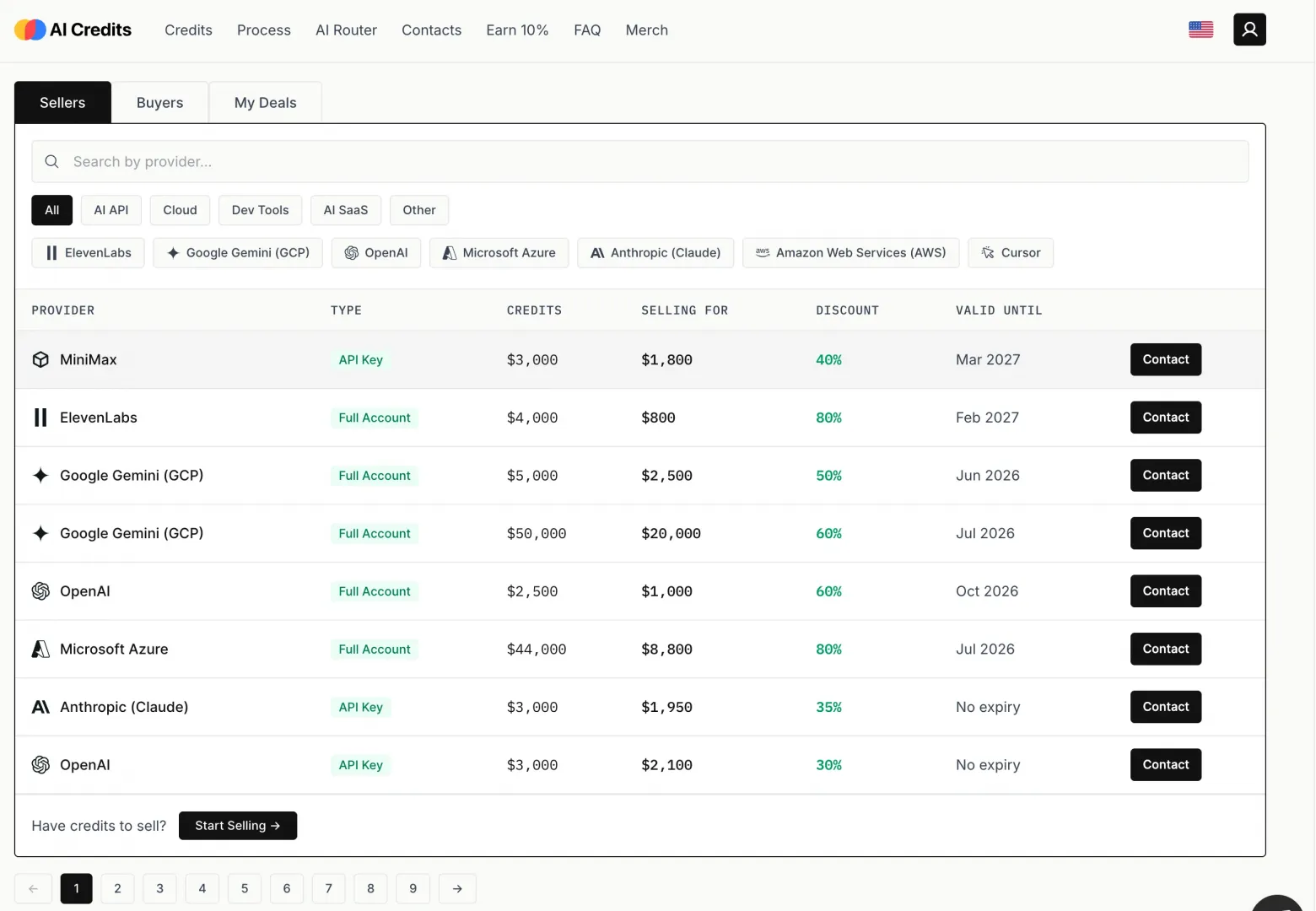 Скидка в 97%: как устроен китайский мошеннический рынок ИИ-токенов - 9 Screenshot of the AI Credits sellers table listing MiniMax, ElevenLabs, Google Gemini, OpenAI, Microsoft Azure, and Anthropic credits at discounts from 30% to 80%