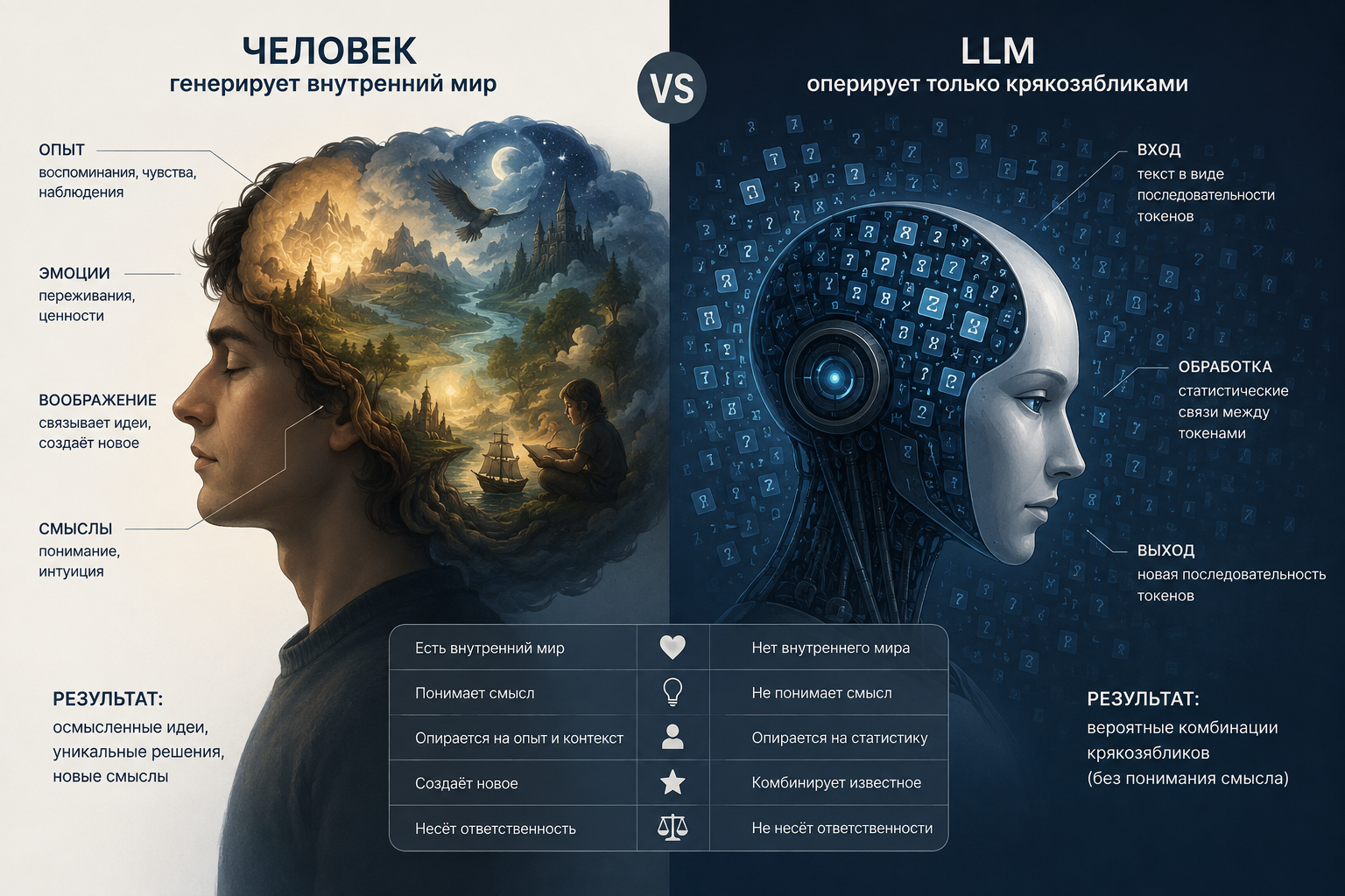 Отличие языковой модели LLM от человека - 1