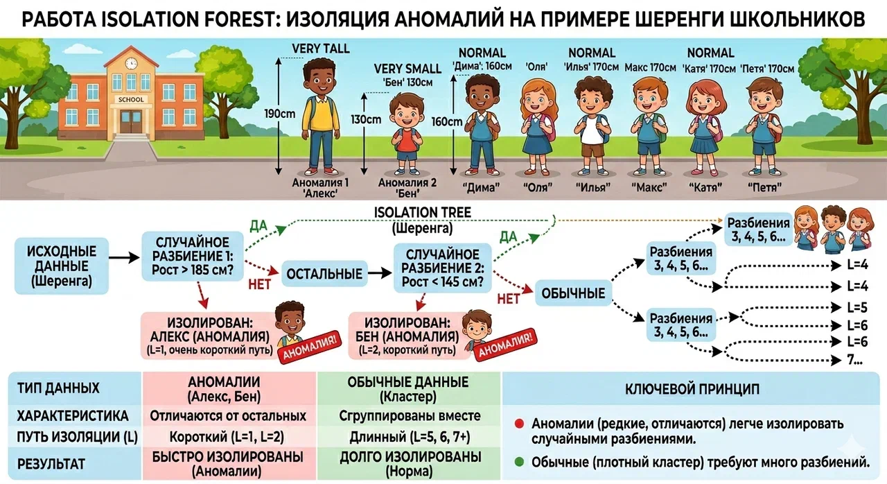 Экстремальные значения роста сразу «бросаются в глаза» алгоритму, а обычные дети сливаются в длинные ветки дерева. 