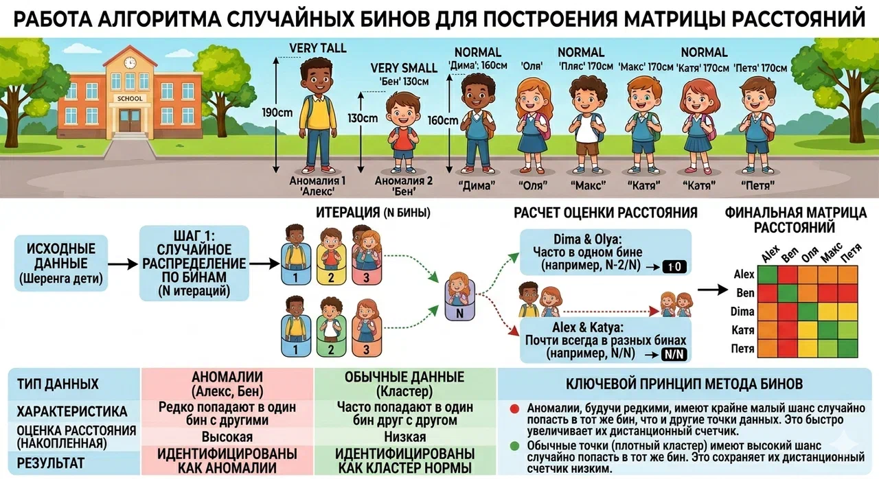 Постоянное совместное попадание точек в одни и те же случайные подмножества уменьшает их дистанционный счётчик