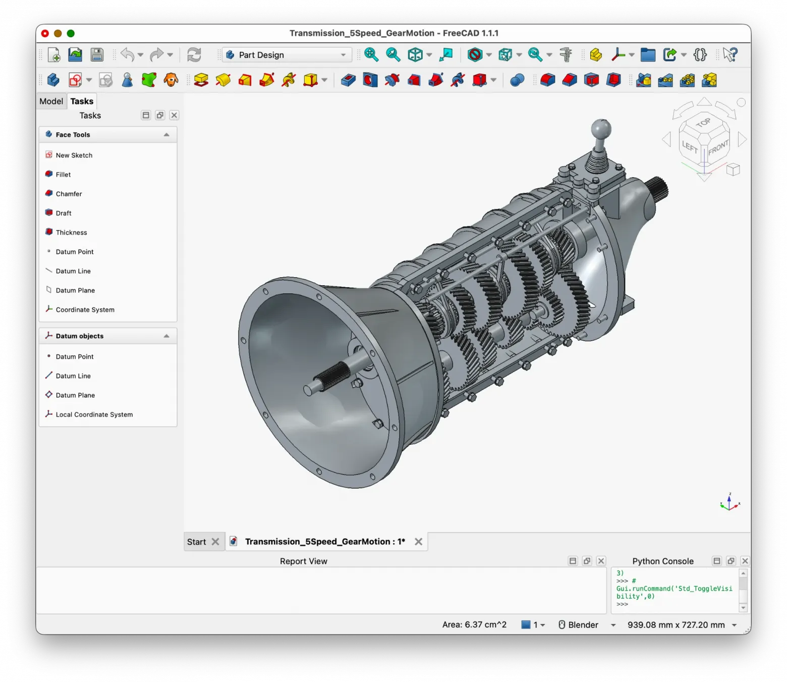 Концепт-модель пятиступенчатой коробки передач, собранная моделью в FreeCAD по текстовому брифу