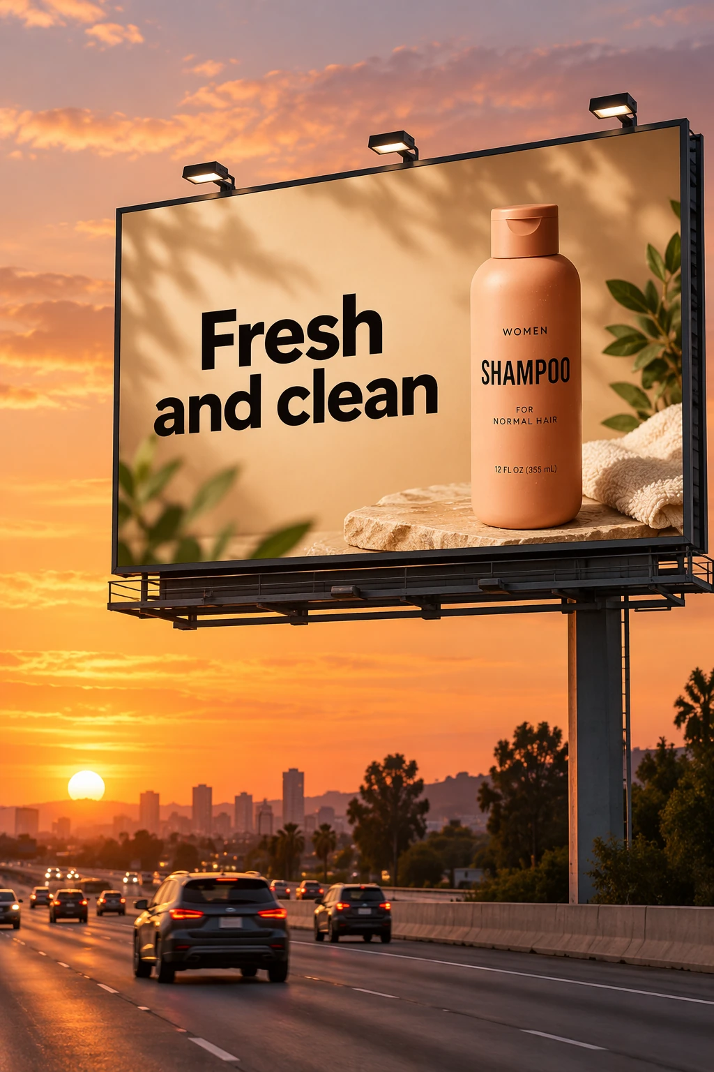 Шаг 1 – билборд на закате с точным текстом «Fresh and clean»