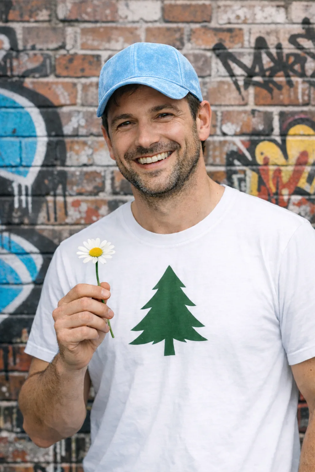 Man holding a flower and wearing a blue cap