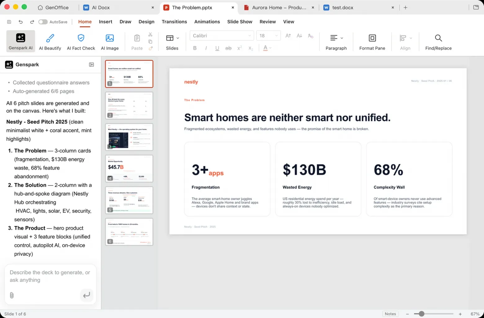 Опишите тему. GenOffice выстроит сюжет, набросает каждый слайд и отдаст вам презентацию, готовую к показу или доработке.
