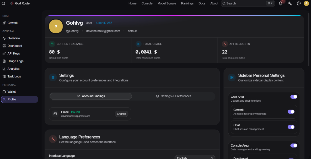 После тестов God Router показывал $80 остатка, $0.0041 общего расхода и 22 учтённых API-запроса.