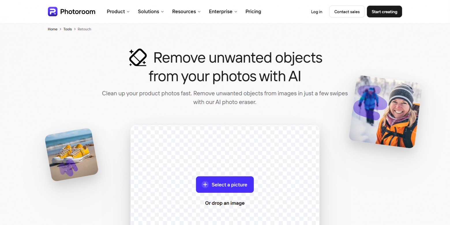 Интерфейс Photoroom Retouch для удаления ненужных объектов с фотографии.