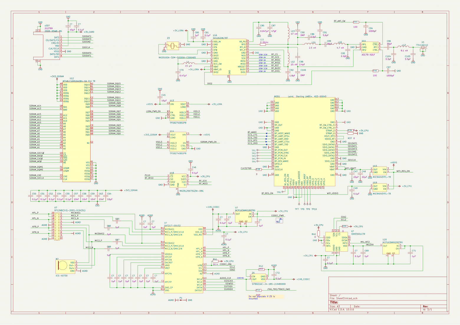 Лист 3. SDRAM, карта, NOR, Wi-Fi, LoRa, кодек, IMU