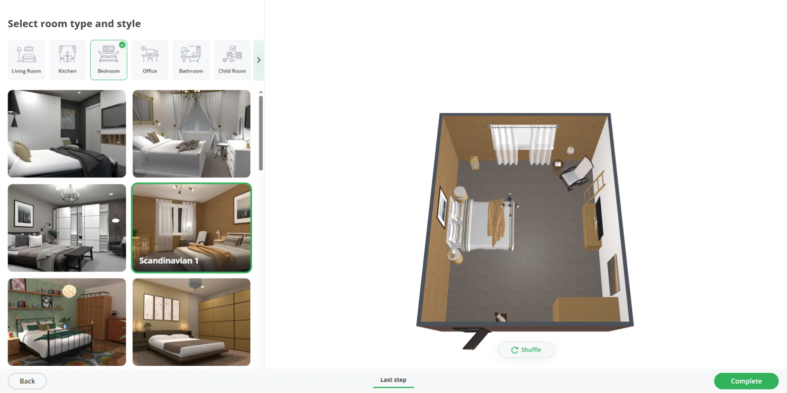 Выбор спальни и скандинавского стиля в AI Designer Planner 5D с автоматически расставленной мебелью