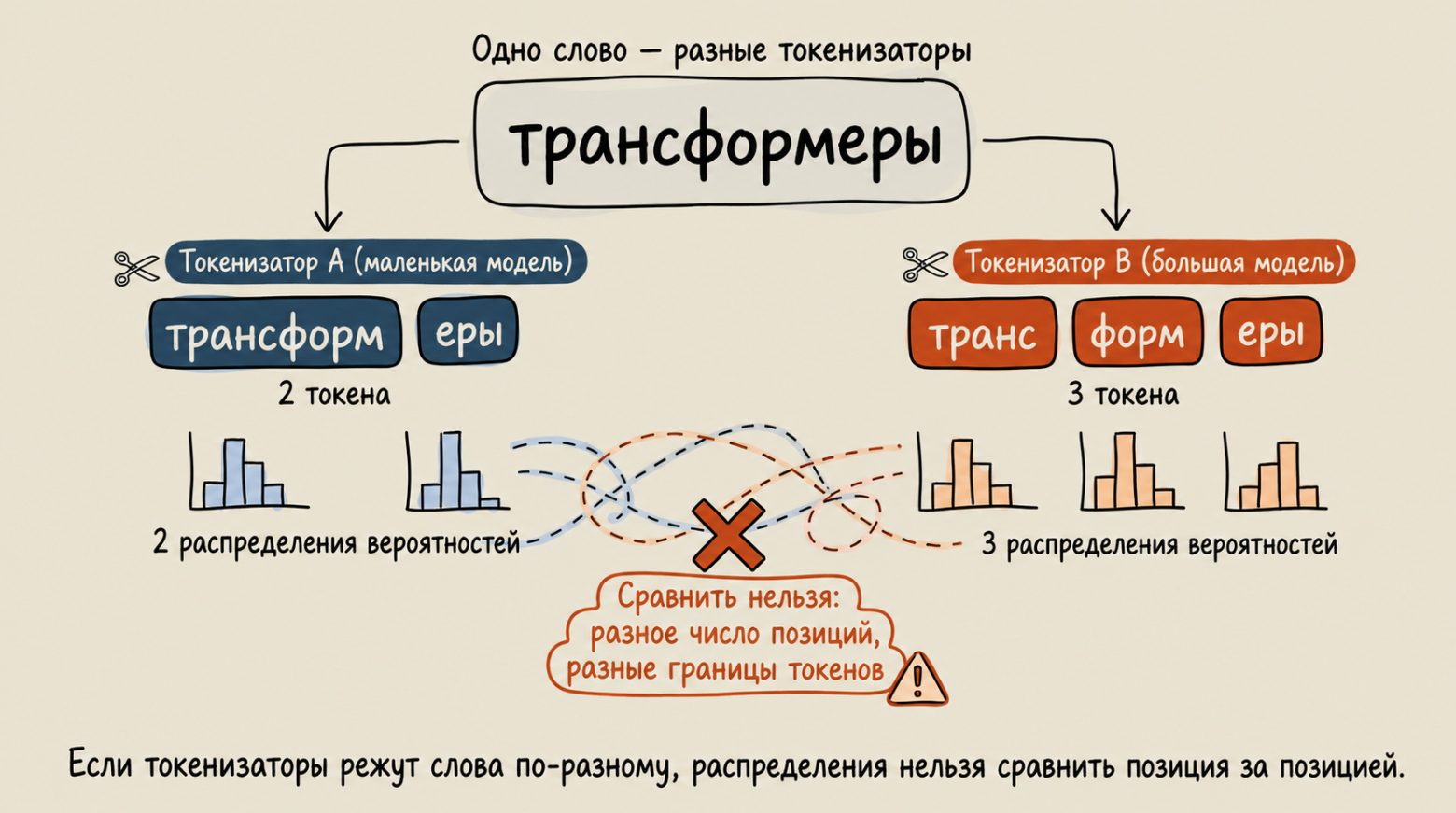 Одно слово, разные токенизаторы: сравнить распределения нельзя