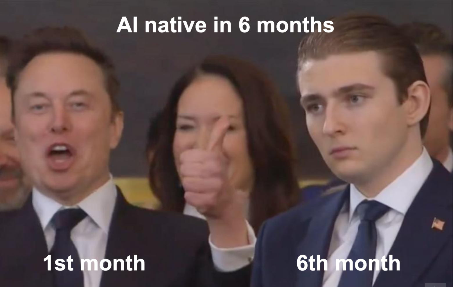 Текст на картинке: переход на модель AI-native за 6 месяцев — первый и шестой месяц