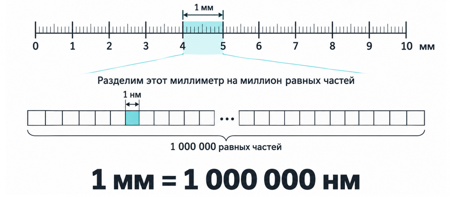 Увеличение условное, нанометр на обычной линейке не виден