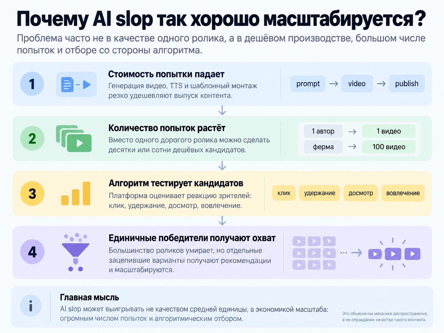 Рис. 2. Возможный механизм масштабирования AI slop: дешёвое производство создаёт огромное количество кандидатов, а рекомендательная система выполняет часть отбора.