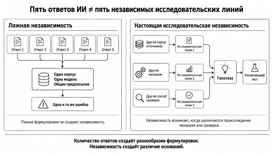 Рис. 2. Разные формулировки не создают независимость; независимость возникает при различии происхождения, механизма или проверки.
