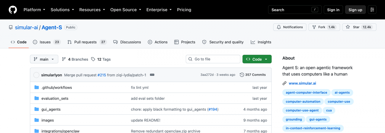 Agent S на GitHub: 12,4 тыс. звёзд и слоган «пользуйся компьютером как человек»