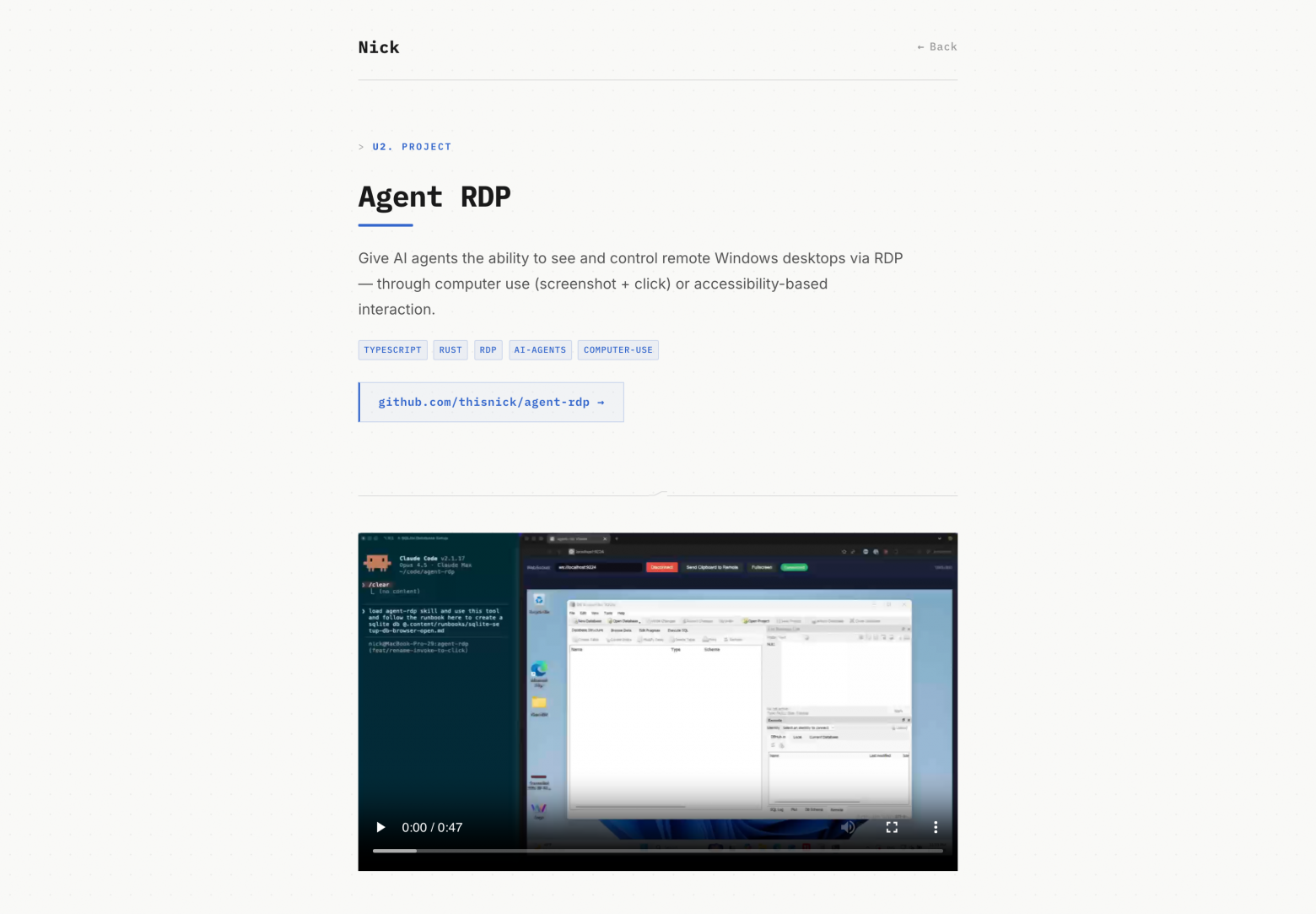 Страница agent-rdp у автора: «дать ИИ-агентам видеть удалённый рабочий стол Windows и управлять им через RDP»