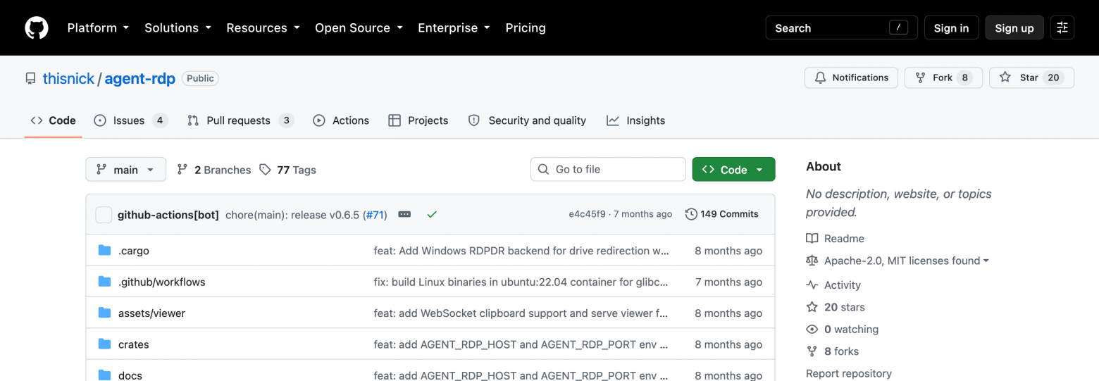 agent-rdp на GitHub: 20 звёзд, 8 форков. Самый полезный инструмент в этой истории