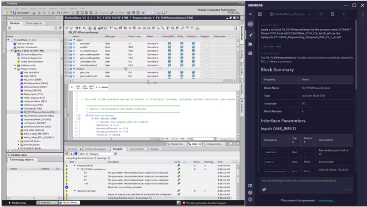 Интерфейс Siemens Eigen Engineering Agent рядом с проектом TIA Portal