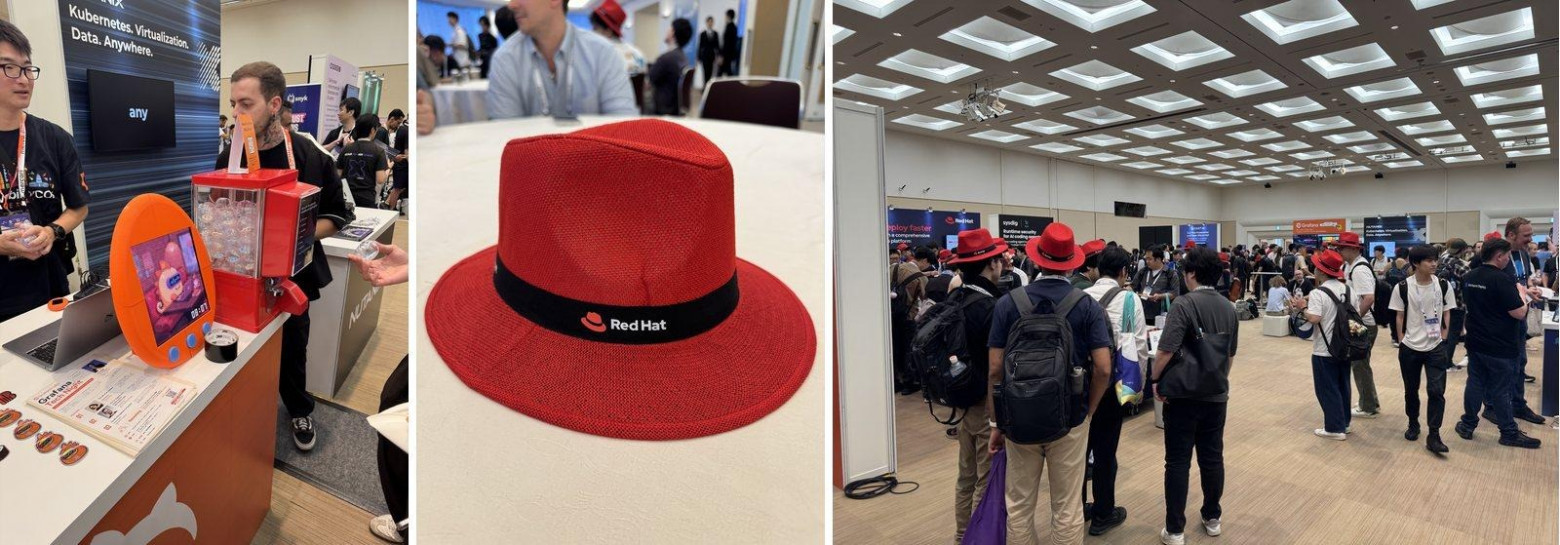 Гача-автомат и гигантский «тамагочи» Grafana, шляпа Red Hat и зал, в котором к обеду каждый второй в красном
