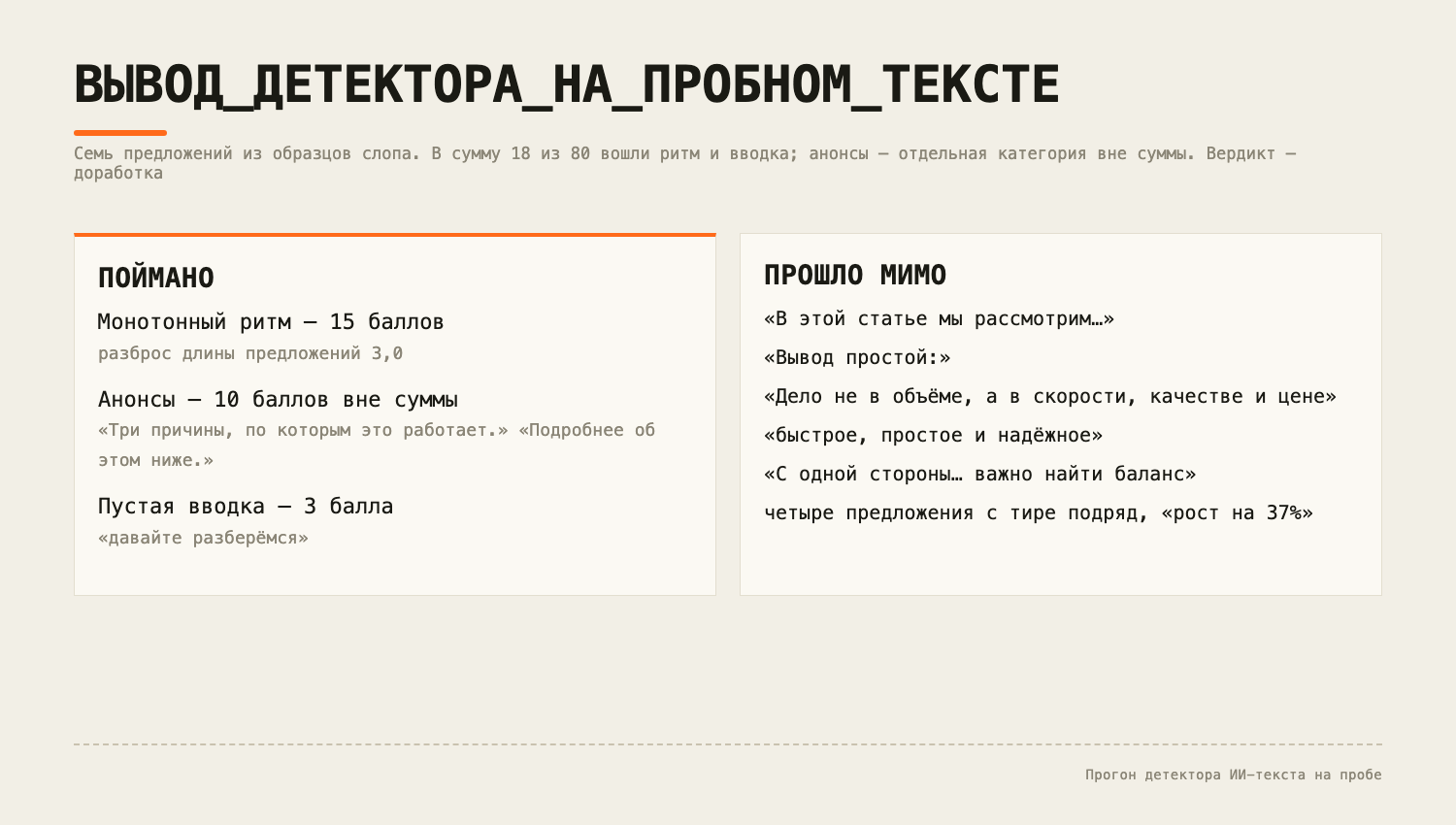 Вывод детектора на пробном тексте: пойманные категории с баллами и образцы, прошедшие мимо