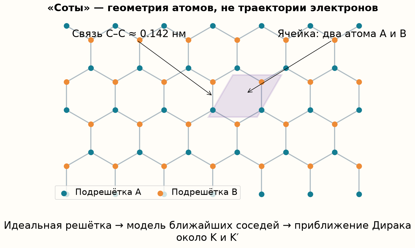 Две подрешётки и примитивная ячейка идеального графена
