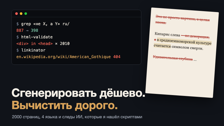 Сгенерировать дёшево, вычистить дорого: как я искал следы ИИ на сайте из 2000 страниц - 1 Сгенерировать дёшево, вычистить дорого: как я искал следы ИИ на сайте из 2000 страниц - 1