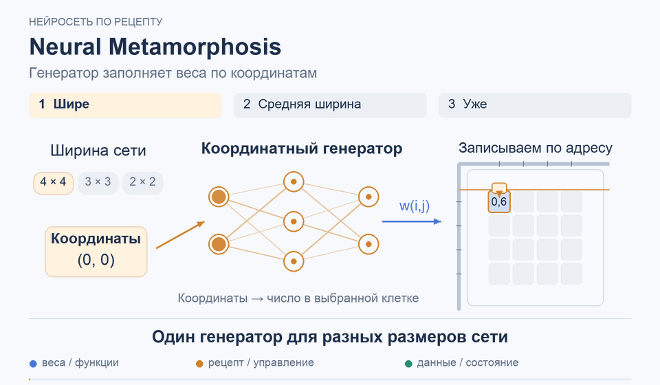 Neural Metamorphosis: Один генератор для разных размеров сети