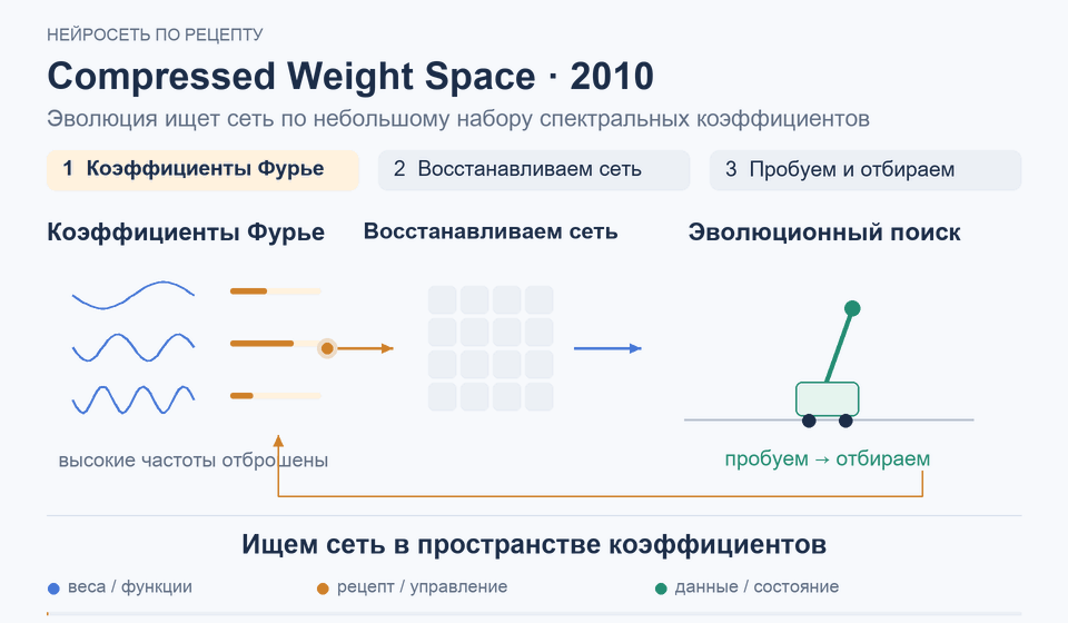 Compressed Weight Space · 2010: Ищем сеть в пространстве коэффициентов