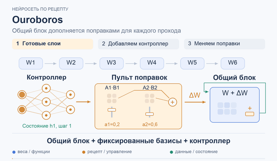 Ouroboros: Общий блок + фиксированные базисы + контроллер