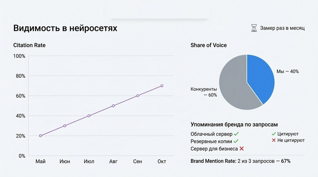 Замеры видимости в нейросетях: цитирования, доля упоминаний, динамика по месяцам  