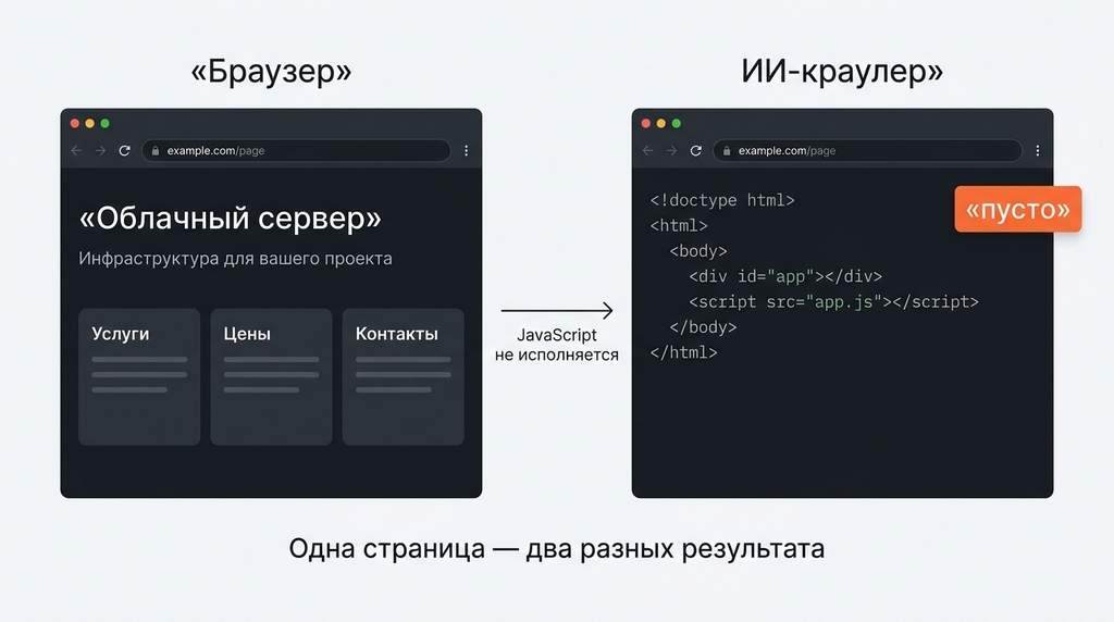 Одна и та же страница: что видит браузер и что получает ИИ-краулер без поддержки JavaScript  