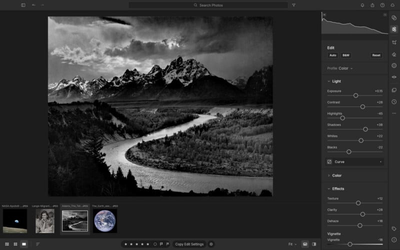 Разработчик полностью воссоздал софт Adobe с помощью ИИ - 3 A computer screen displays a photo editing interface showing a black-and-white landscape of a river winding through a valley toward snow-capped mountains.