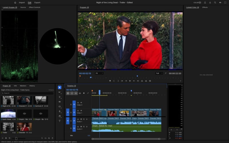 Разработчик полностью воссоздал софт Adobe с помощью ИИ - 4 A screenshot of the Adobe Premiere Pro video editing interface showing a timeline with clips from the film Charade and a preview window displaying Cary Grant and Audrey Hepburn.