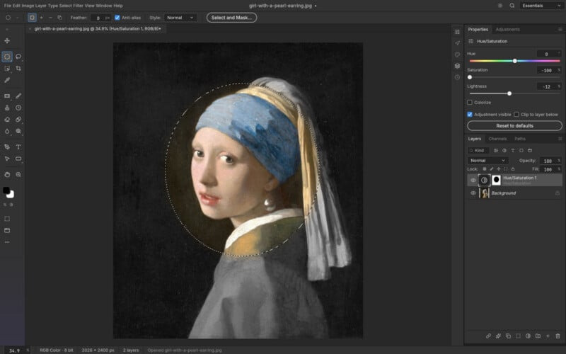 Разработчик полностью воссоздал софт Adobe с помощью ИИ - 1 A screenshot of Adobe Photoshop showing an elliptical selection over the subject of the painting Girl with a Pearl Earring, with a Hue/Saturation adjustment layer applied to the selected area.