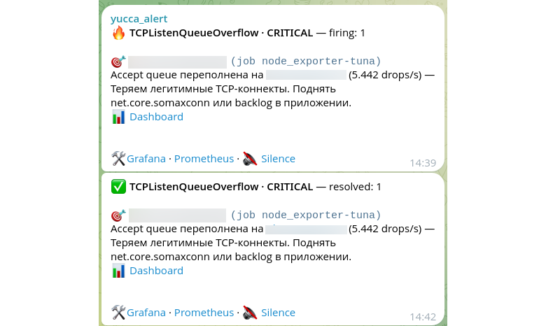 Telegram: алерт TCPListenQueueOverflow с советом поднять net.core.somaxconn и сообщение о том, что он погас