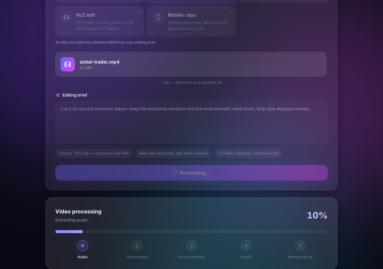 Этап Extracting audio — 10%