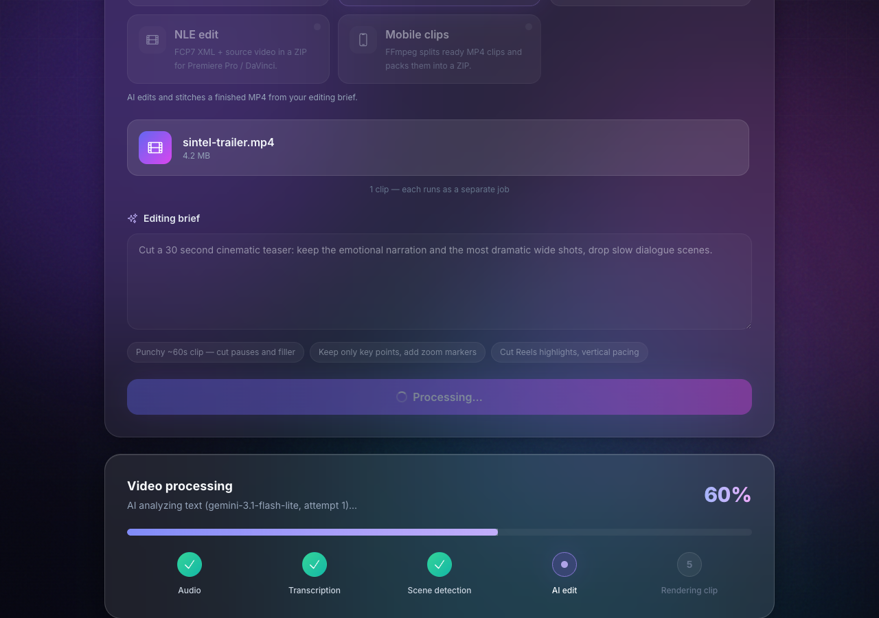 Этап AI edit — Gemini анализирует текст, 60%