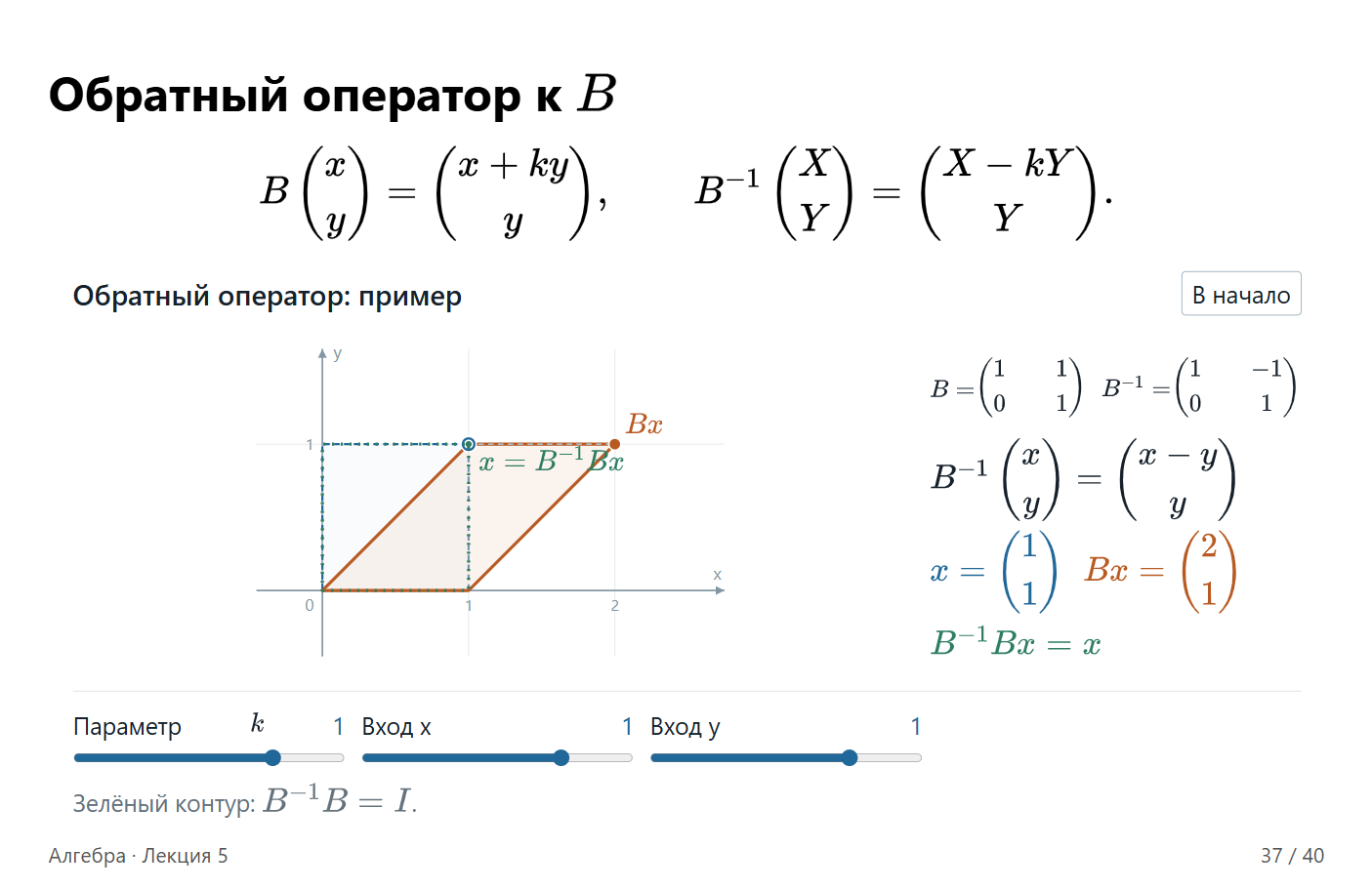 Слайд 37. При k=1 точка (1, 1) переходит в (2, 1), а обратный оператор возвращает её в (1, 1).
