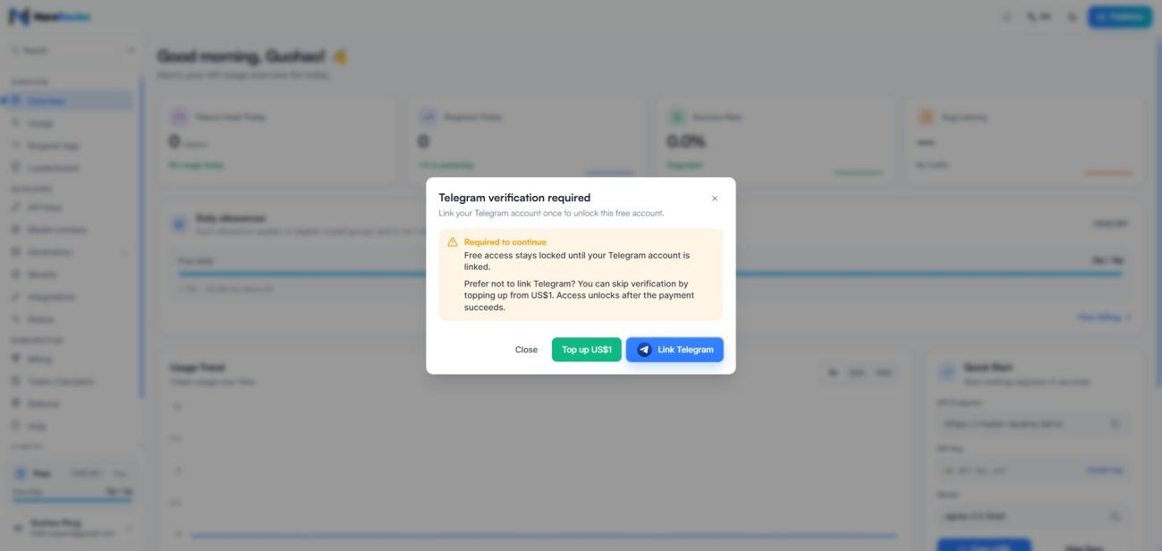 Личный кабинет NaraRouter: для бесплатного доступа нужно привязать Telegram либо пополнить баланс минимум на $1.