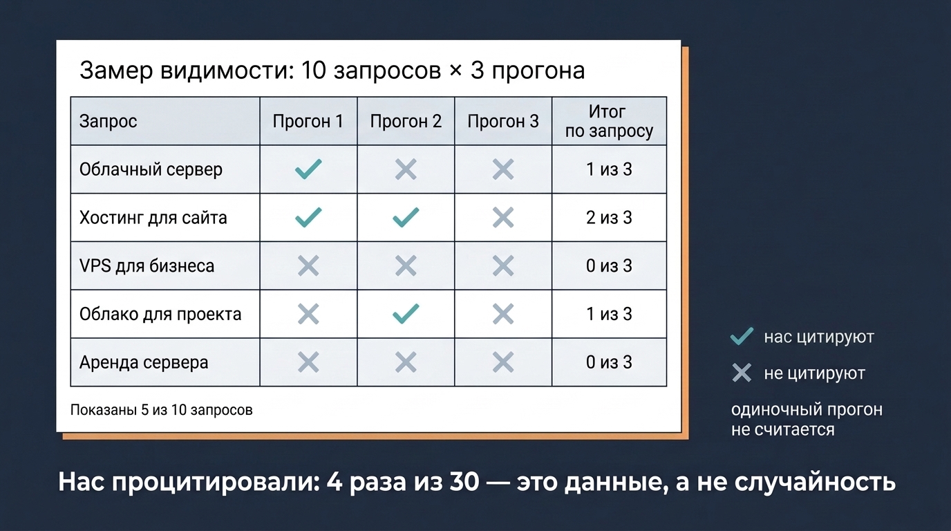 Таблица замеров: три прогона — и только потом выводы  