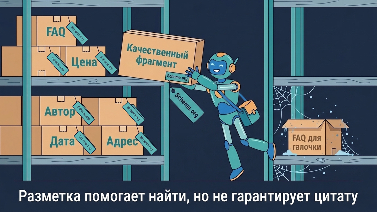 Разметка помогает найти контент, но не гарантирует цитату  