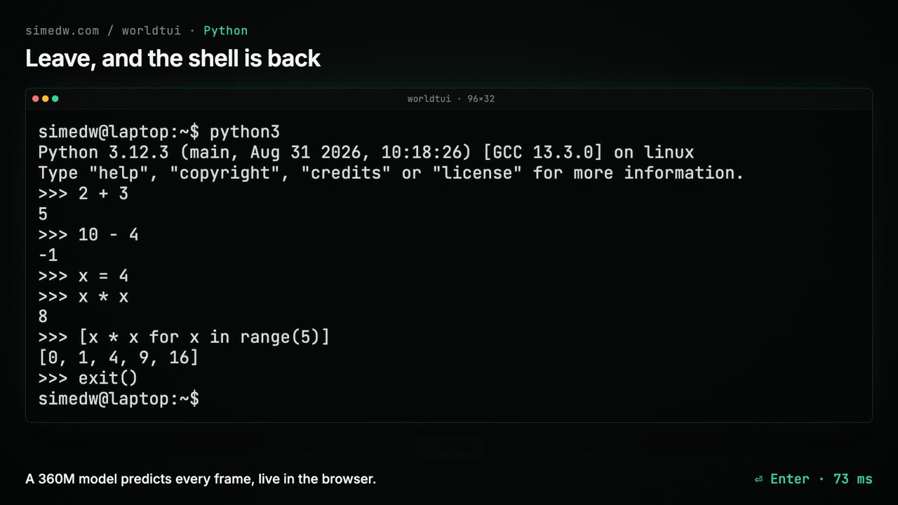 REPL Python в исполнении модели: синтаксис на месте, арифметика иногда нет. Кадр из видео автора