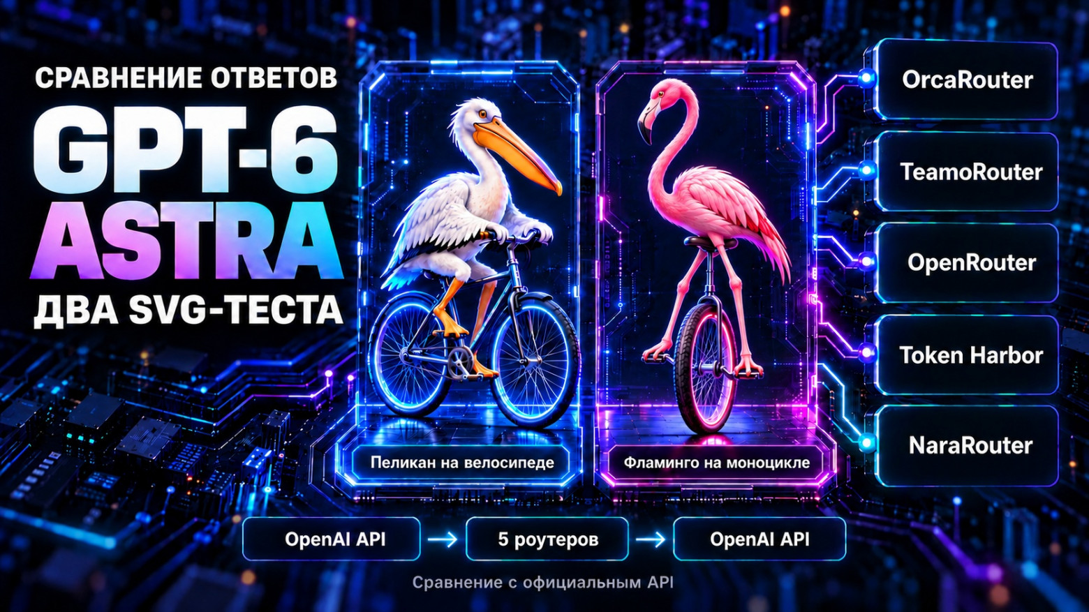 Проверка подлинности GPT-6 Astra у пяти зарубежных API-роутеров: пеликан на велосипеде и фламинго на моноцикле - 1 Проверка подлинности GPT-6 Astra у пяти зарубежных API-роутеров: пеликан на велосипеде и фламинго на моноцикле - 1