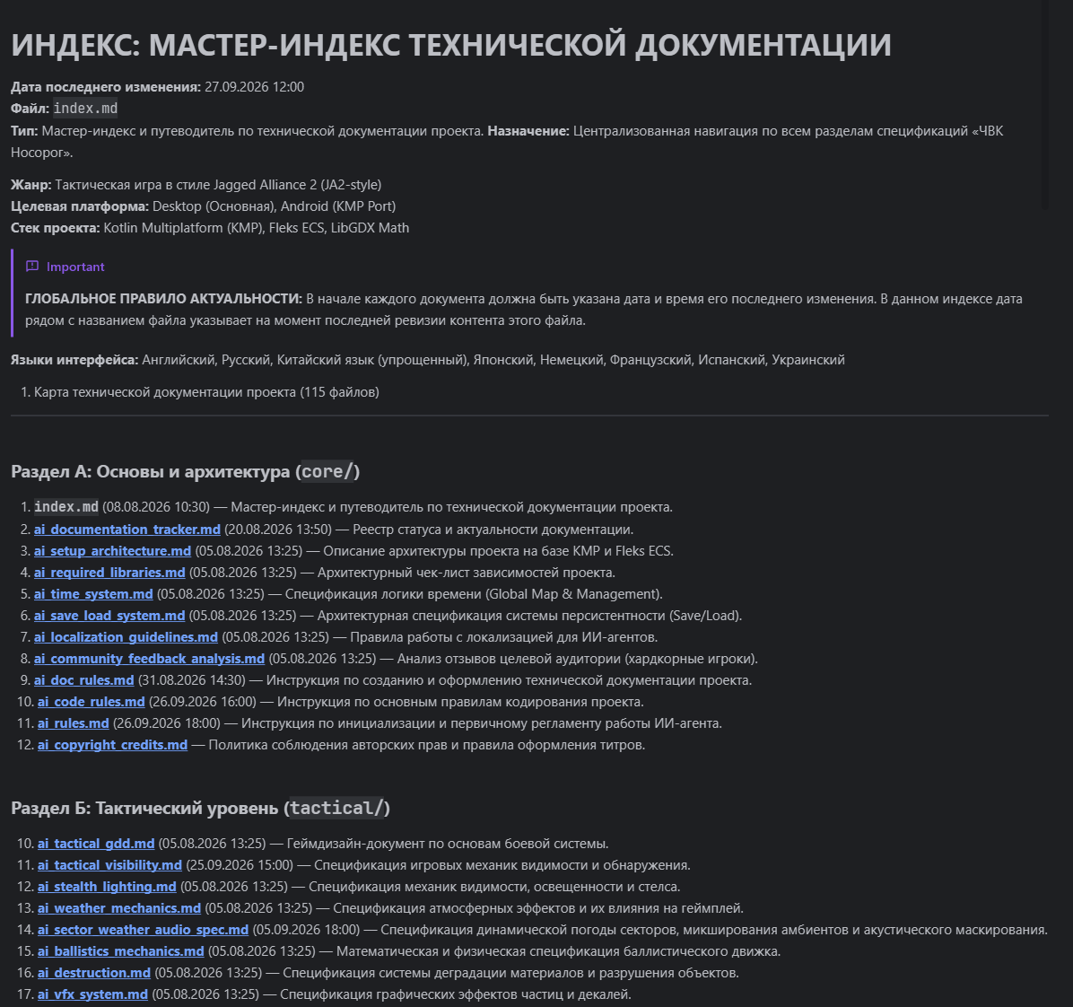 Фрагмент живого мастер-индекса проекта, который координирует работу систем и не дает утонуть в архитектурном хаосе  