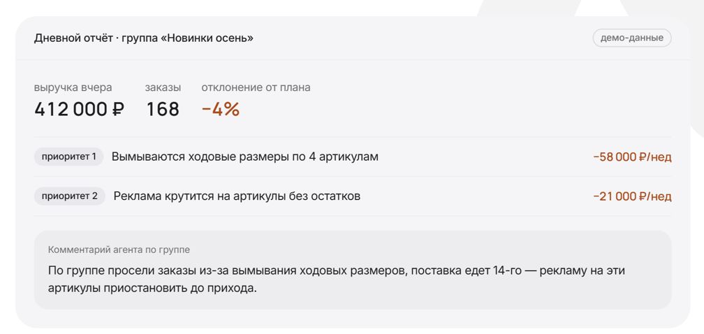 Дневной отчёт агента по группе с приоритетами и комментарием