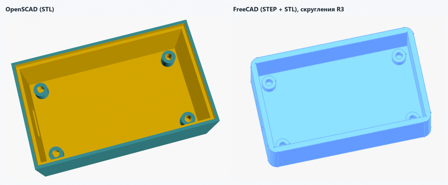 Корпус ESP32-C3 по шаблону: OpenSCAD и FreeCAD, все четыре стойки и окно USB-C на месте      