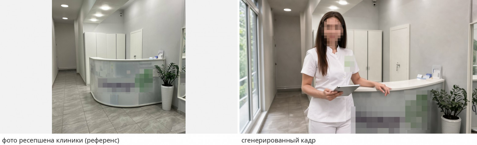 Слева фото ресепшена клиники, справа кадр, где оно подано референсом. Стойка, двери, светильники и вывеска перенесены с фото.