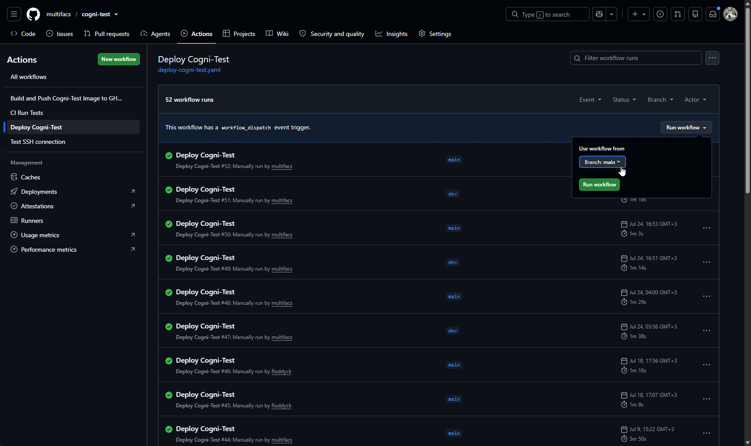 Интерфейс GitHub Actions, демонстрирующий процесс ручного запуска деплоя приложения Cogni-Test в ветках dev и main.